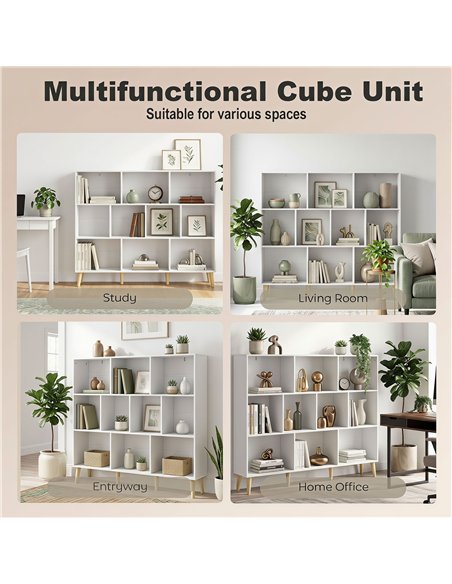 HOMCOM 10-Cube Bookcase, 3-Tier Book Shelf with Solid Wood Legs, 140 cm Modern Bookshelf with Anti-Tip Kit for Bedroom, White - pic 206349 | FastDaddyshop