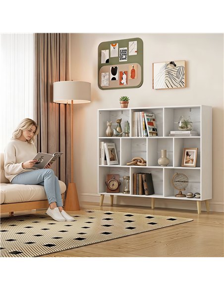 HOMCOM 10-Cube Bookcase, 3-Tier Book Shelf with Solid Wood Legs, 140 cm Modern Bookshelf with Anti-Tip Kit for Bedroom, White - pic 206351 | FastDaddyshop