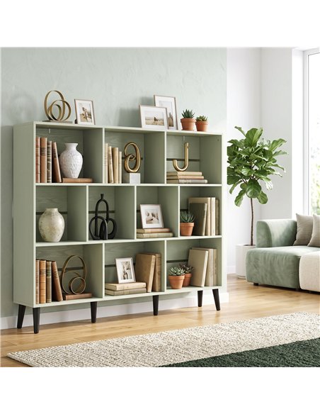 HOMCOM 10-Cube Bookcase, 3-Tier Book Shelf with Solid Wood Legs, 140 cm Modern Bookshelf with Anti-Tip Kit, Light Green - pic 206353 | FastDaddyshop