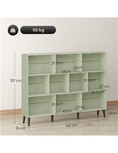 HOMCOM 10-Cube Bookcase, 3-Tier Book Shelf with Solid Wood Legs, 140 cm Modern Bookshelf with Anti-Tip Kit, Light Green