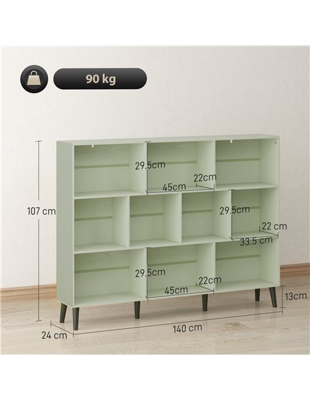 HOMCOM 10-Cube Bookcase, 3-Tier Book Shelf with Solid Wood Legs, 140 cm Modern Bookshelf with Anti-Tip Kit, Light Green - pic 206354 | FastDaddyshop