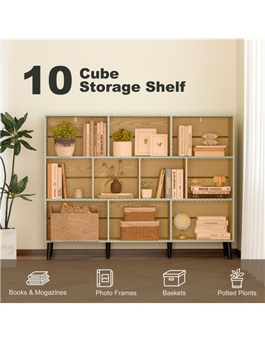 HOMCOM 10-Cube Bookcase, 3-Tier Book Shelf with Solid Wood Legs, 140 cm Modern Bookshelf with Anti-Tip Kit, Light Green