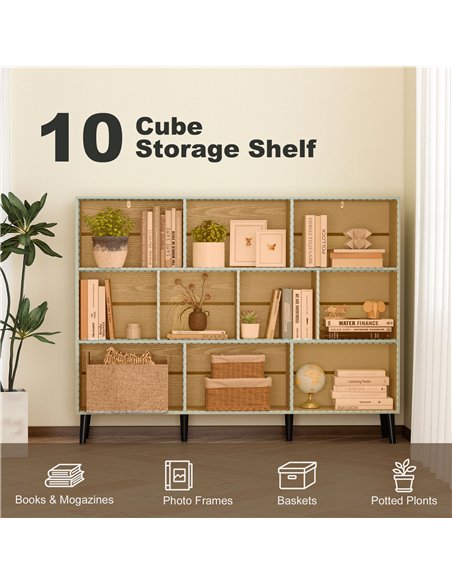 HOMCOM 10-Cube Bookcase, 3-Tier Book Shelf with Solid Wood Legs, 140 cm Modern Bookshelf with Anti-Tip Kit, Light Green - pic 206355 | FastDaddyshop