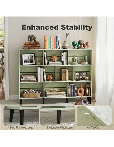 HOMCOM 10-Cube Bookcase, 3-Tier Book Shelf with Solid Wood Legs, 140 cm Modern Bookshelf with Anti-Tip Kit, Light Green