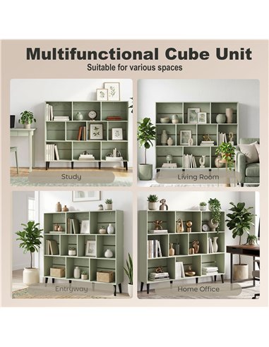 HOMCOM 10-Cube Bookcase, 3-Tier Book Shelf with Solid Wood Legs, 140 cm Modern Bookshelf with Anti-Tip Kit, Light Green