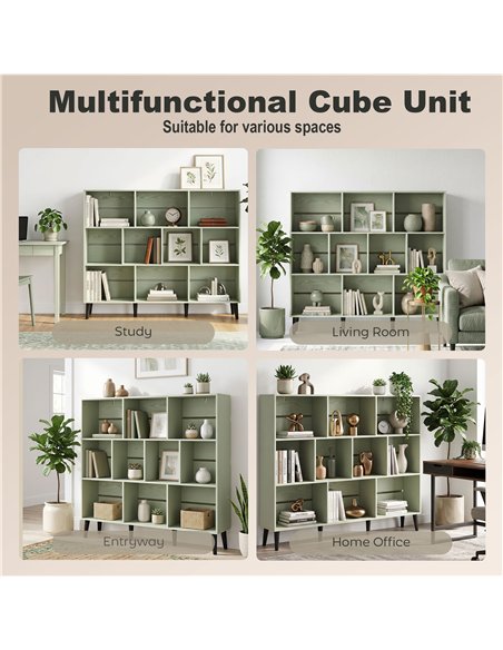 HOMCOM 10-Cube Bookcase, 3-Tier Book Shelf with Solid Wood Legs, 140 cm Modern Bookshelf with Anti-Tip Kit, Light Green - pic 206358 | FastDaddyshop