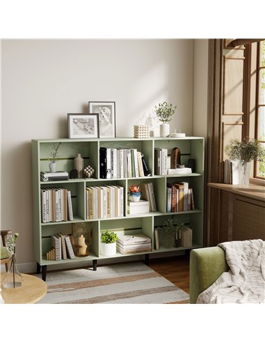 HOMCOM 10-Cube Bookcase, 3-Tier Book Shelf with Solid Wood Legs, 140 cm Modern Bookshelf with Anti-Tip Kit, Light Green