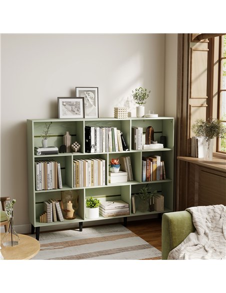 HOMCOM 10-Cube Bookcase, 3-Tier Book Shelf with Solid Wood Legs, 140 cm Modern Bookshelf with Anti-Tip Kit, Light Green - pic 206359 | FastDaddyshop