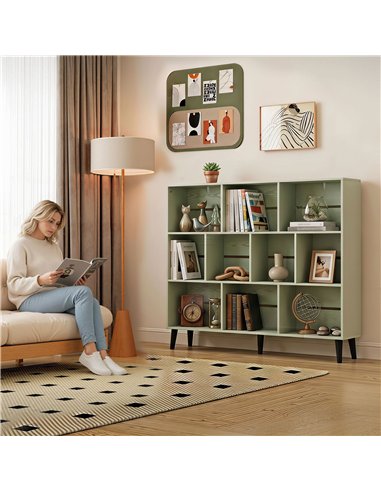HOMCOM 10-Cube Bookcase, 3-Tier Book Shelf with Solid Wood Legs, 140 cm Modern Bookshelf with Anti-Tip Kit, Light Green