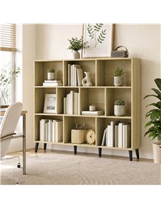 HOMCOM 10-Cube Bookcase, 3-Tier Book Shelf with Solid Wood Legs, 140 cm Modern Bookshelf with Anti-Tip Kit, Oak 2