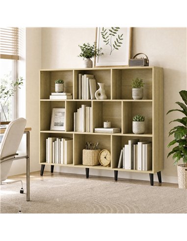 HOMCOM 10-Cube Bookcase, 3-Tier Book Shelf with Solid Wood Legs, 140 cm Modern Bookshelf with Anti-Tip Kit, Oak