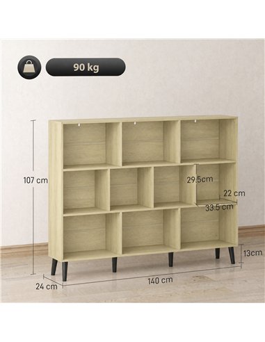 HOMCOM 10-Cube Bookcase, 3-Tier Book Shelf with Solid Wood Legs, 140 cm Modern Bookshelf with Anti-Tip Kit, Oak