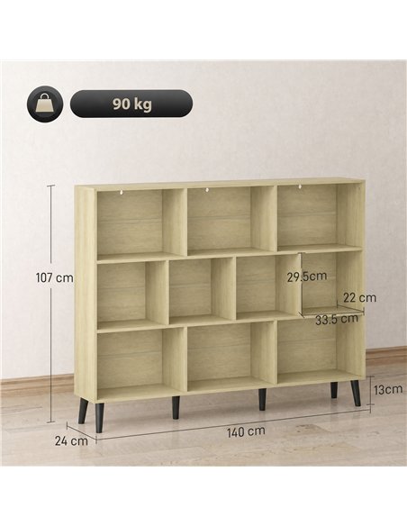 HOMCOM 10-Cube Bookcase, 3-Tier Book Shelf with Solid Wood Legs, 140 cm Modern Bookshelf with Anti-Tip Kit, Oak - pic 206363 | FastDaddyshop