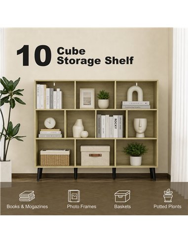 HOMCOM 10-Cube Bookcase, 3-Tier Book Shelf with Solid Wood Legs, 140 cm Modern Bookshelf with Anti-Tip Kit, Oak