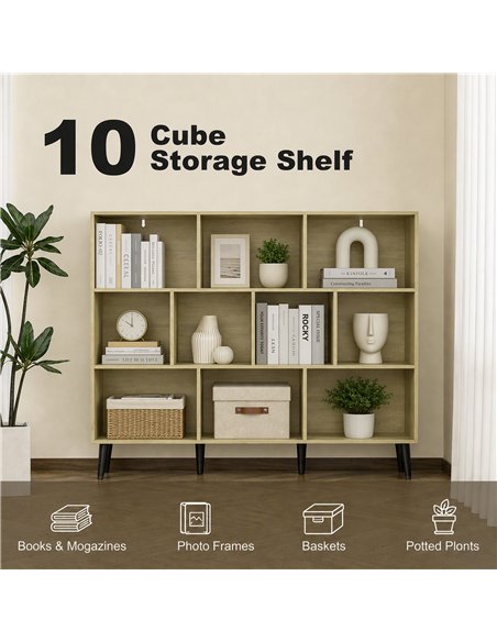 HOMCOM 10-Cube Bookcase, 3-Tier Book Shelf with Solid Wood Legs, 140 cm Modern Bookshelf with Anti-Tip Kit, Oak - pic 206364 | FastDaddyshop