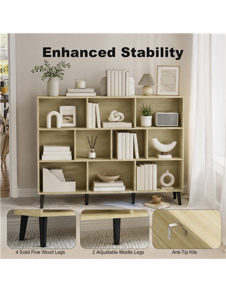 HOMCOM 10-Cube Bookcase, 3-Tier Book Shelf with Solid Wood Legs, 140 cm Modern Bookshelf with Anti-Tip Kit, Oak - pic 206365 | FastDaddyshop
