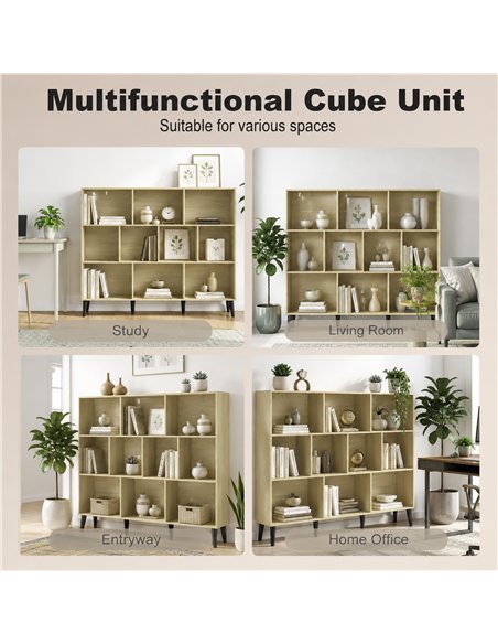 HOMCOM 10-Cube Bookcase, 3-Tier Book Shelf with Solid Wood Legs, 140 cm Modern Bookshelf with Anti-Tip Kit, Oak - pic 206367 | FastDaddyshop