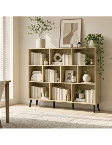 HOMCOM 10-Cube Bookcase, 3-Tier Book Shelf with Solid Wood Legs, 140 cm Modern Bookshelf with Anti-Tip Kit, Oak