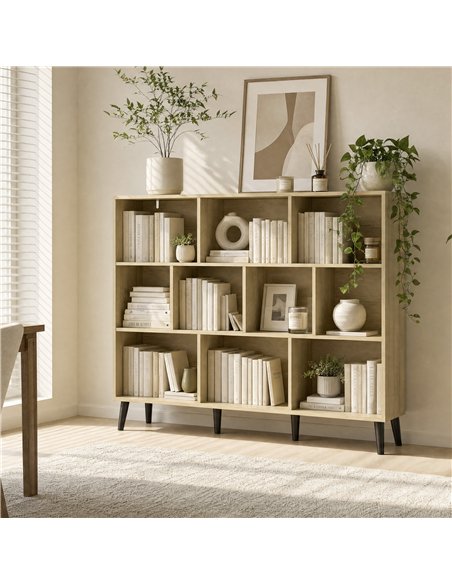 HOMCOM 10-Cube Bookcase, 3-Tier Book Shelf with Solid Wood Legs, 140 cm Modern Bookshelf with Anti-Tip Kit, Oak - pic 206368 | FastDaddyshop