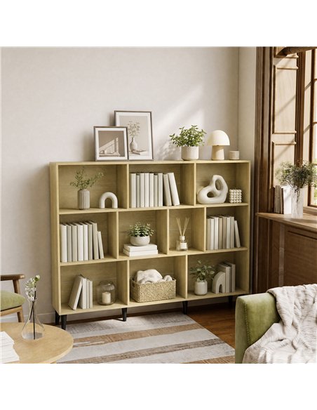 HOMCOM 10-Cube Bookcase, 3-Tier Book Shelf with Solid Wood Legs, 140 cm Modern Bookshelf with Anti-Tip Kit, Oak - pic 206369 | FastDaddyshop