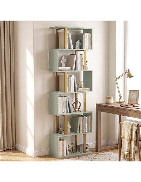 HOMCOM S-Shaped Bookshelf, 6-Tier Bookcase, Freestanding Storage Shelves with Anti-Tip Strap for Living Room, Light Green - pic 206389 | FastDaddyshop