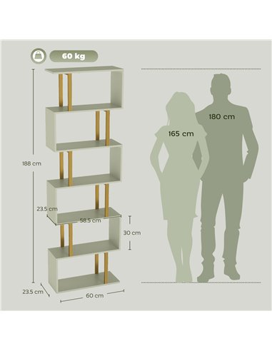 HOMCOM S-Shaped Bookshelf, 6-Tier Bookcase, Freestanding Storage Shelves with Anti-Tip Strap for Living Room, Light Green