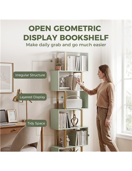 HOMCOM S-Shaped Bookshelf, 6-Tier Bookcase, Freestanding Storage Shelves with Anti-Tip Strap for Living Room, Light Green - pic 206391 | FastDaddyshop