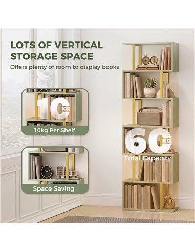 HOMCOM S-Shaped Bookshelf, 6-Tier Bookcase, Freestanding Storage Shelves with Anti-Tip Strap for Living Room, Light Green