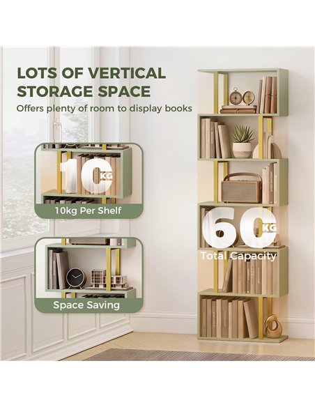 HOMCOM S-Shaped Bookshelf, 6-Tier Bookcase, Freestanding Storage Shelves with Anti-Tip Strap for Living Room, Light Green - pic 206392 | FastDaddyshop
