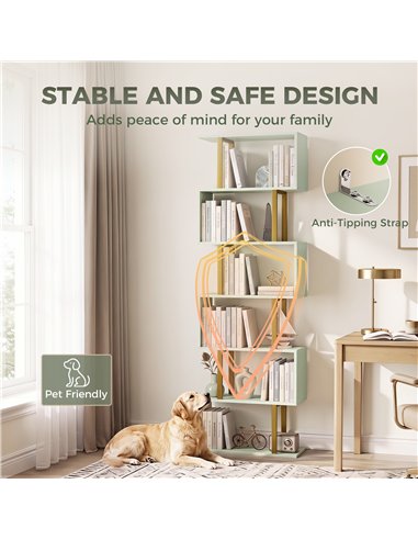 HOMCOM S-Shaped Bookshelf, 6-Tier Bookcase, Freestanding Storage Shelves with Anti-Tip Strap for Living Room, Light Green