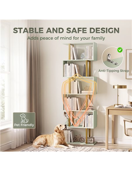 HOMCOM S-Shaped Bookshelf, 6-Tier Bookcase, Freestanding Storage Shelves with Anti-Tip Strap for Living Room, Light Green - pic 206393 | FastDaddyshop
