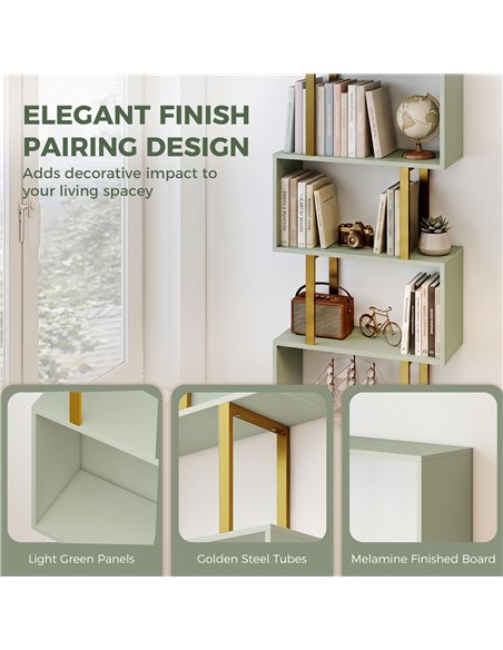 HOMCOM S-Shaped Bookshelf, 6-Tier Bookcase, Freestanding Storage Shelves with Anti-Tip Strap for Living Room, Light Green - pic 206394 | FastDaddyshop