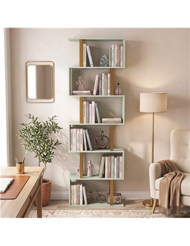 HOMCOM S-Shaped Bookshelf, 6-Tier Bookcase, Freestanding Storage Shelves with Anti-Tip Strap for Living Room, Light Green
