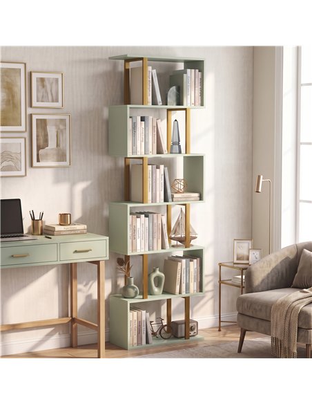 HOMCOM S-Shaped Bookshelf, 6-Tier Bookcase, Freestanding Storage Shelves with Anti-Tip Strap for Living Room, Light Green - pic 206396 | FastDaddyshop