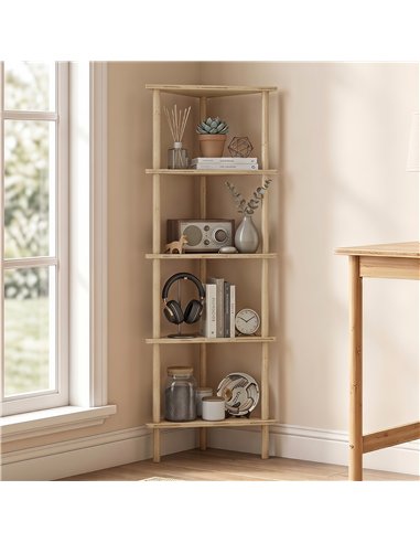HOMCOM Bamboo Storage Shelf, 5-tier Corner Shelf, Freestanding Shelving Unit for Living Room, Home Office, Natural Wood Finish