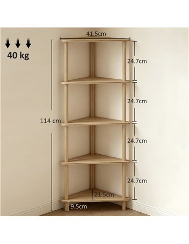 HOMCOM Bamboo Storage Shelf, 5-tier Corner Shelf, Freestanding Shelving Unit for Living Room, Home Office, Natural Wood Finish
