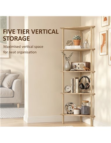 HOMCOM Bamboo Storage Shelf, 5-tier Corner Shelf, Freestanding Shelving Unit for Living Room, Home Office, Natural Wood Finish
