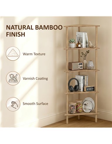 HOMCOM Bamboo Storage Shelf, 5-tier Corner Shelf, Freestanding Shelving Unit for Living Room, Home Office, Natural Wood Finish