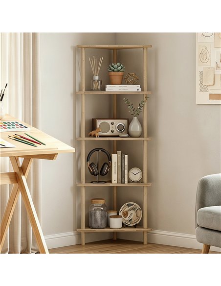 HOMCOM Bamboo Storage Shelf, 5-tier Corner Shelf, Freestanding Shelving Unit for Living Room, Home Office, Natural Wood Finish - pic 206414 | FastDaddyshop