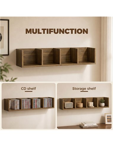 HOMCOM Wall Mount 84 CD / 56 DVD/Blu-ray/ Media Storage Rack 4 Cubes Wooden Shelf Organizer Unit Bookcase Display, Walnut