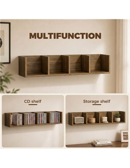 HOMCOM Wall Mount 84 CD / 56 DVD/Blu-ray/ Media Storage Rack 4 Cubes Wooden Shelf Organizer Unit Bookcase Display, Walnut - pic 206419 | FastDaddyshop