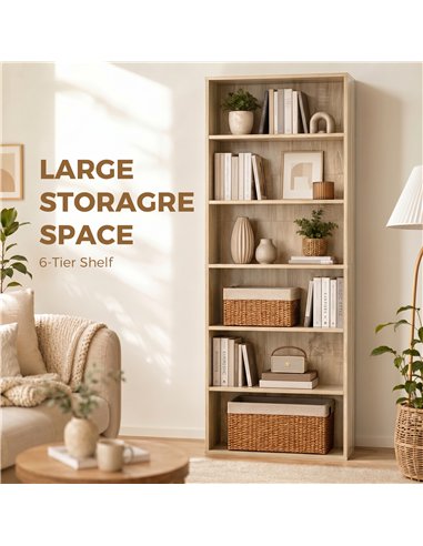 HOMCOM Six Shelf Bookcase - Oak