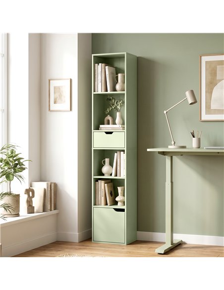 HOMCOM 6-Tier Bookcase, Tall Narrow Bookshelf with Drawer and Door - Green - pic 206443 | FastDaddyshop
