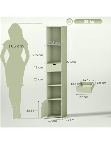 HOMCOM 6-Tier Bookcase, Tall Narrow Bookshelf with Drawer and Door - Green