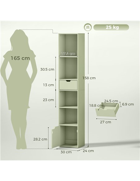 HOMCOM 6-Tier Bookcase, Tall Narrow Bookshelf with Drawer and Door - Green - pic 206444 | FastDaddyshop