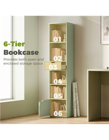 HOMCOM 6-Tier Bookcase, Tall Narrow Bookshelf with Drawer and Door - Green