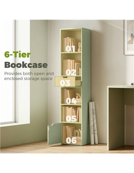 HOMCOM 6-Tier Bookcase, Tall Narrow Bookshelf with Drawer and Door - Green - pic 206445 | FastDaddyshop