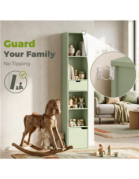 HOMCOM 6-Tier Bookcase, Tall Narrow Bookshelf with Drawer and Door - Green - pic 206447 | FastDaddyshop