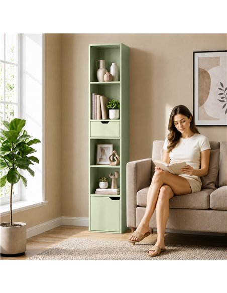 HOMCOM 6-Tier Bookcase, Tall Narrow Bookshelf with Drawer and Door - Green - pic 206448 | FastDaddyshop