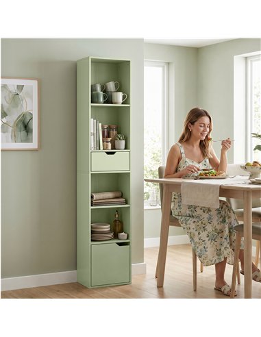 HOMCOM 6-Tier Bookcase, Tall Narrow Bookshelf with Drawer and Door - Green